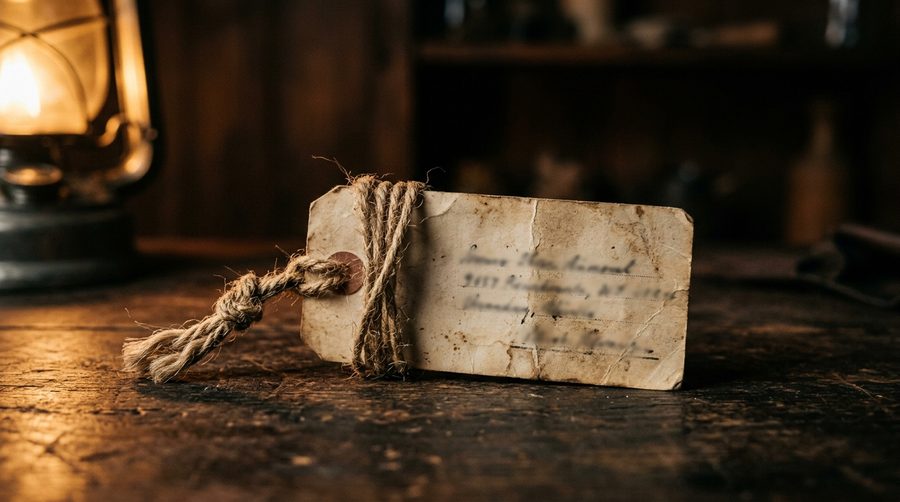 Label alamat tua bergaya tulisan tangan terikat tali di atas meja kayu gelap dengan cahaya keemasan hangat