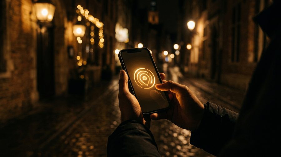 Ponsel menyala keemasan di tengah jalan malam menampilkan simbol lokasi abstrak dengan lampu bokeh latar