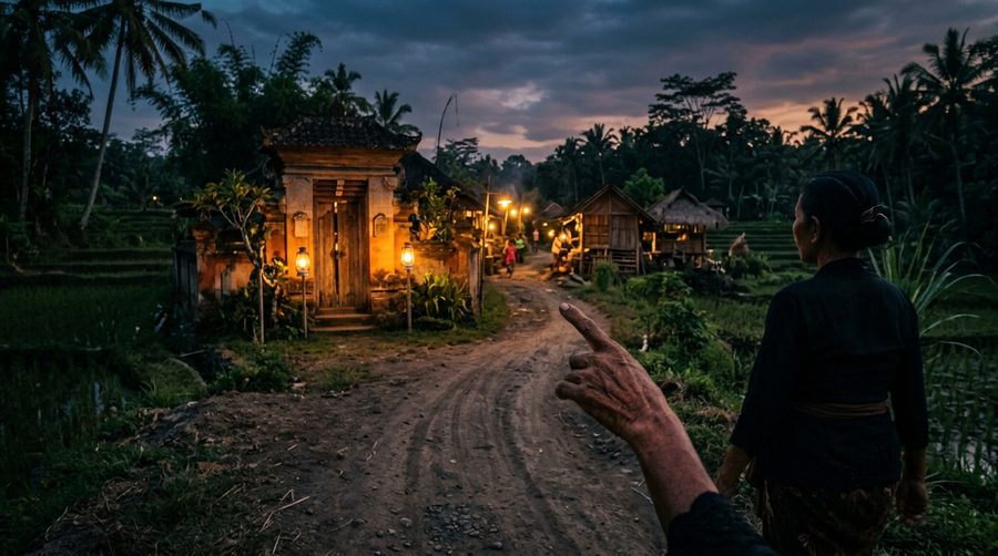 Tangan menunjuk ke arah gapura kampung saat senja dengan cahaya lentera keemasan hangat di jalan tanah